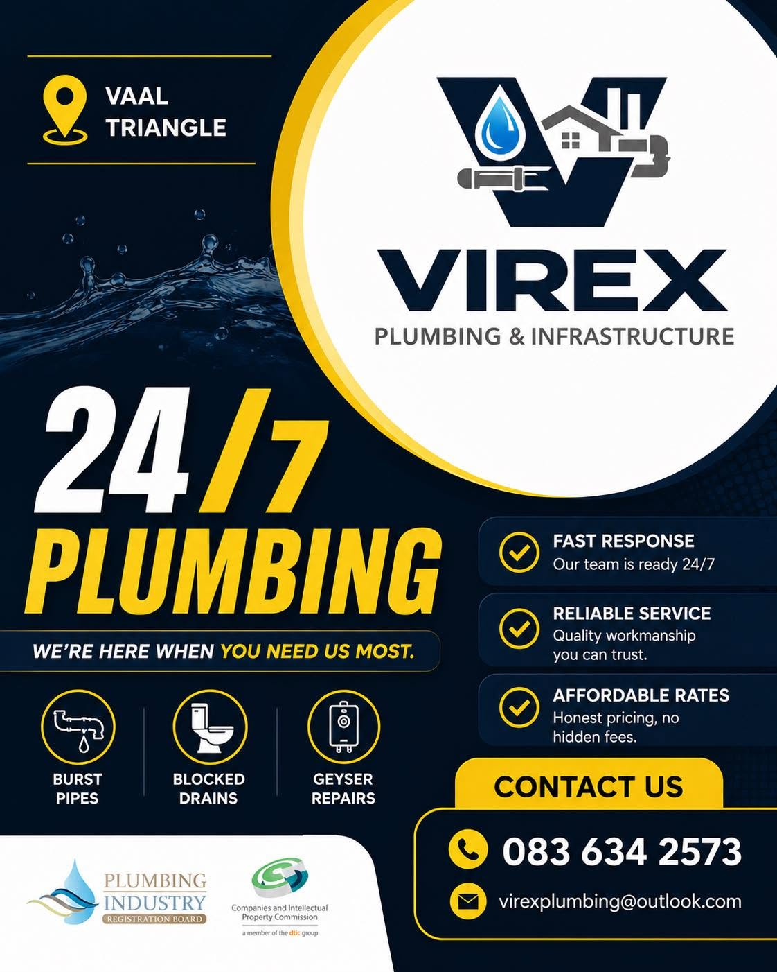 Virex 24/7 plumbing promotional graphic