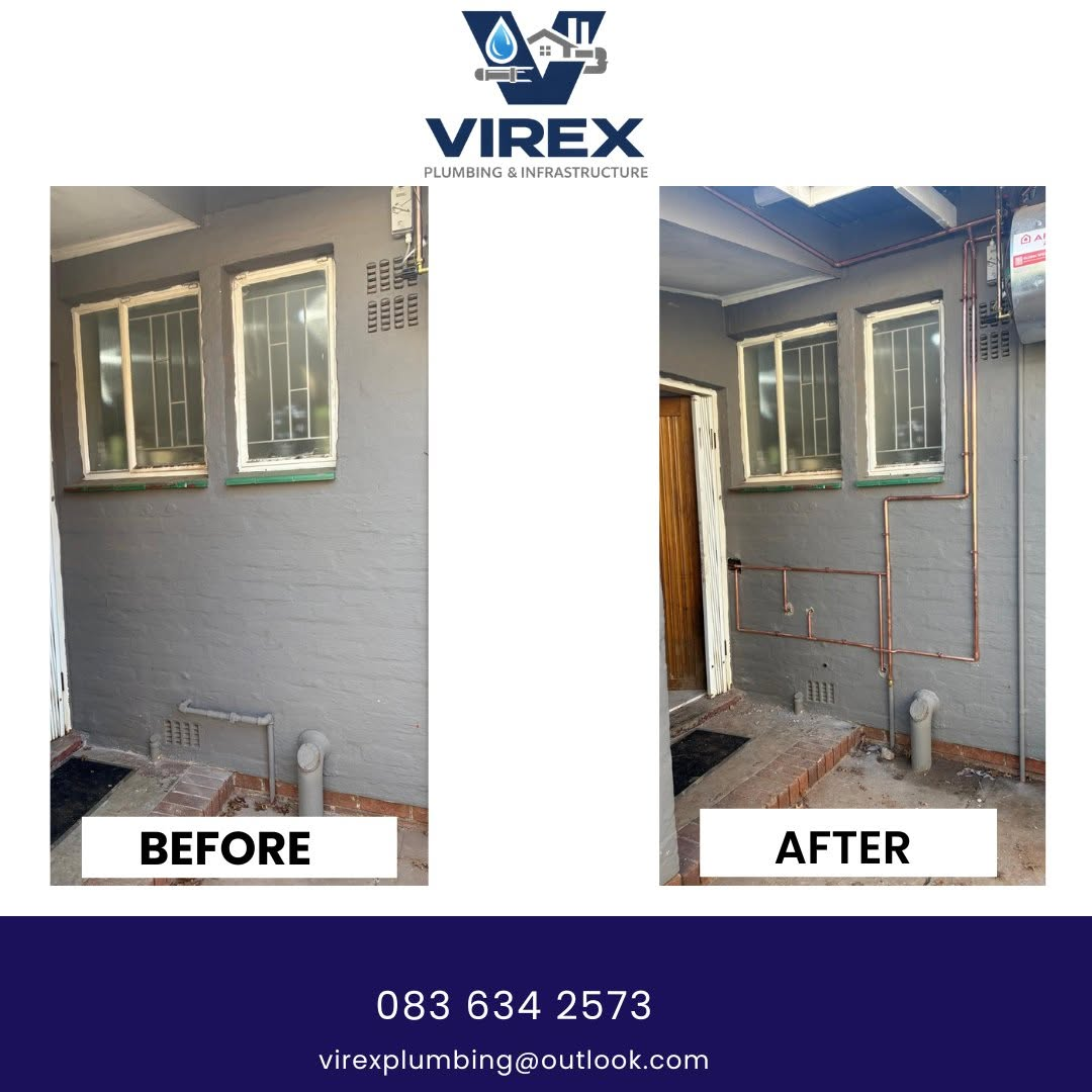 Before and after image of exterior copper pipe installation by Virex