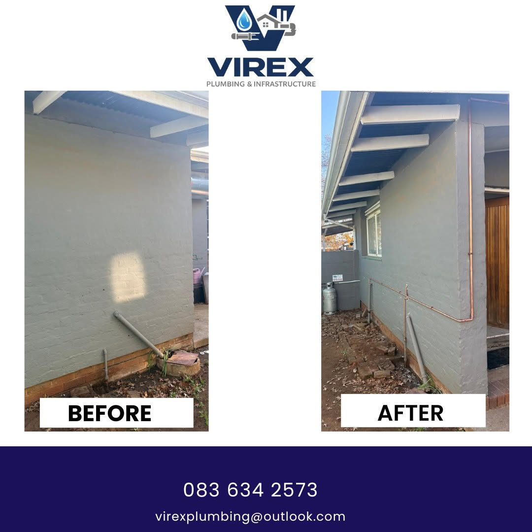 Before and after image of exterior plumbing upgrade by Virex
