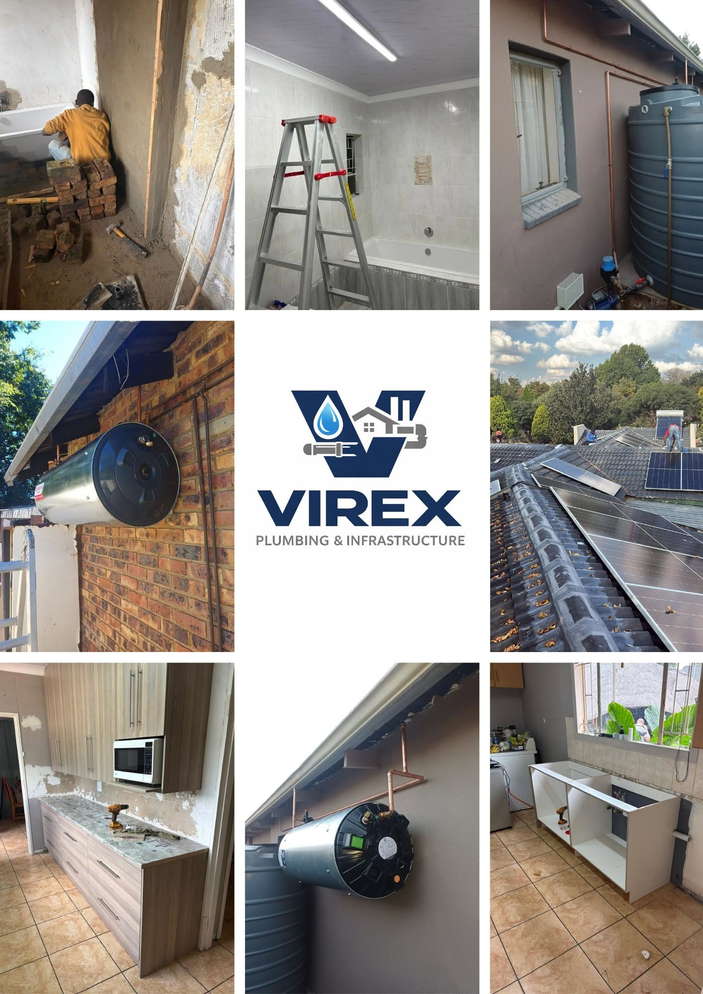 Collage of Virex plumbing, geyser, solar panel and renovation project photos