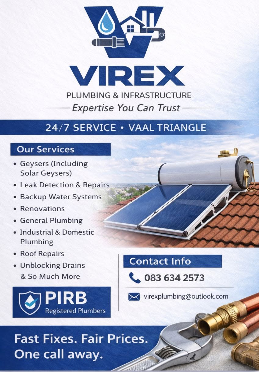 Virex service flyer showing solar geyser plumbing services and contact details